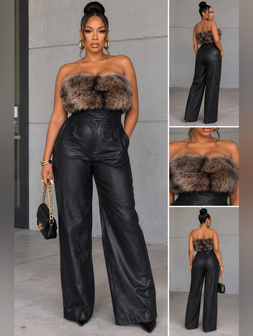 Faux Leather  Jumpsuit with Brown Fur Bandeau Sz S